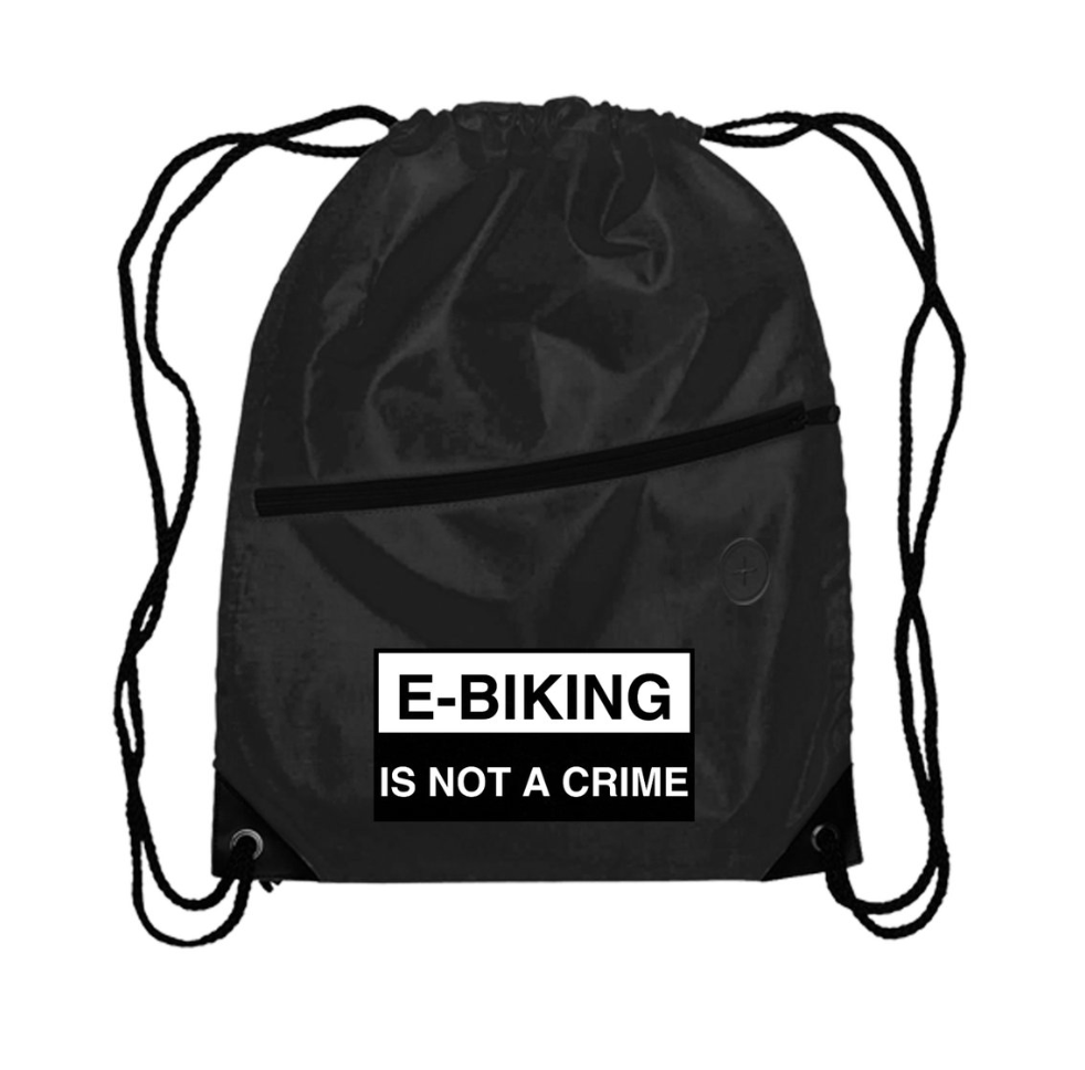 E-Biking Is Not A Crime - 17" x 13" Drawstring Backpack (2nd zip pouch/earbud line)